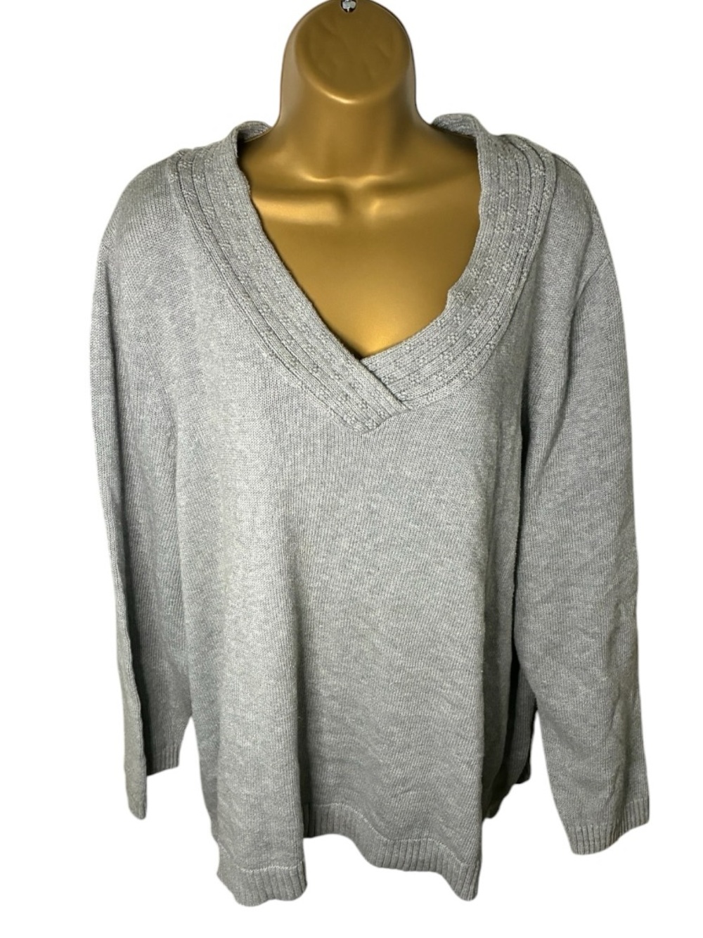 Catherines V-Neck Pullover Sweater Ribbed Trim Gray 2X